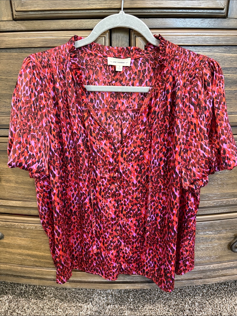 eesome Red and Pink Animal Print V-Neck Blouse